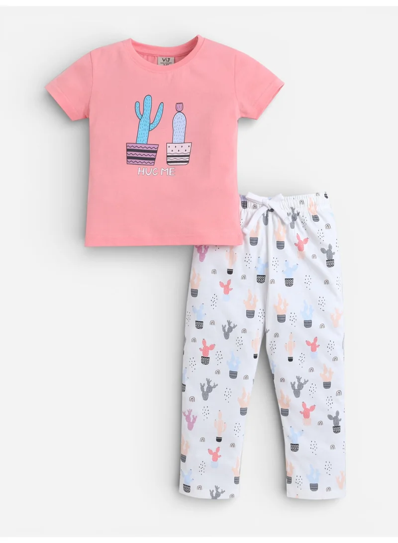 فكتور اند جين Girls Cactus Print Cotton Pajama Set – T-Shirt & Full Pants Nightwear